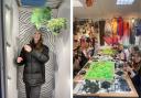 Ava Towner (left) at the display and pupils coming together to work on the artwork (right)