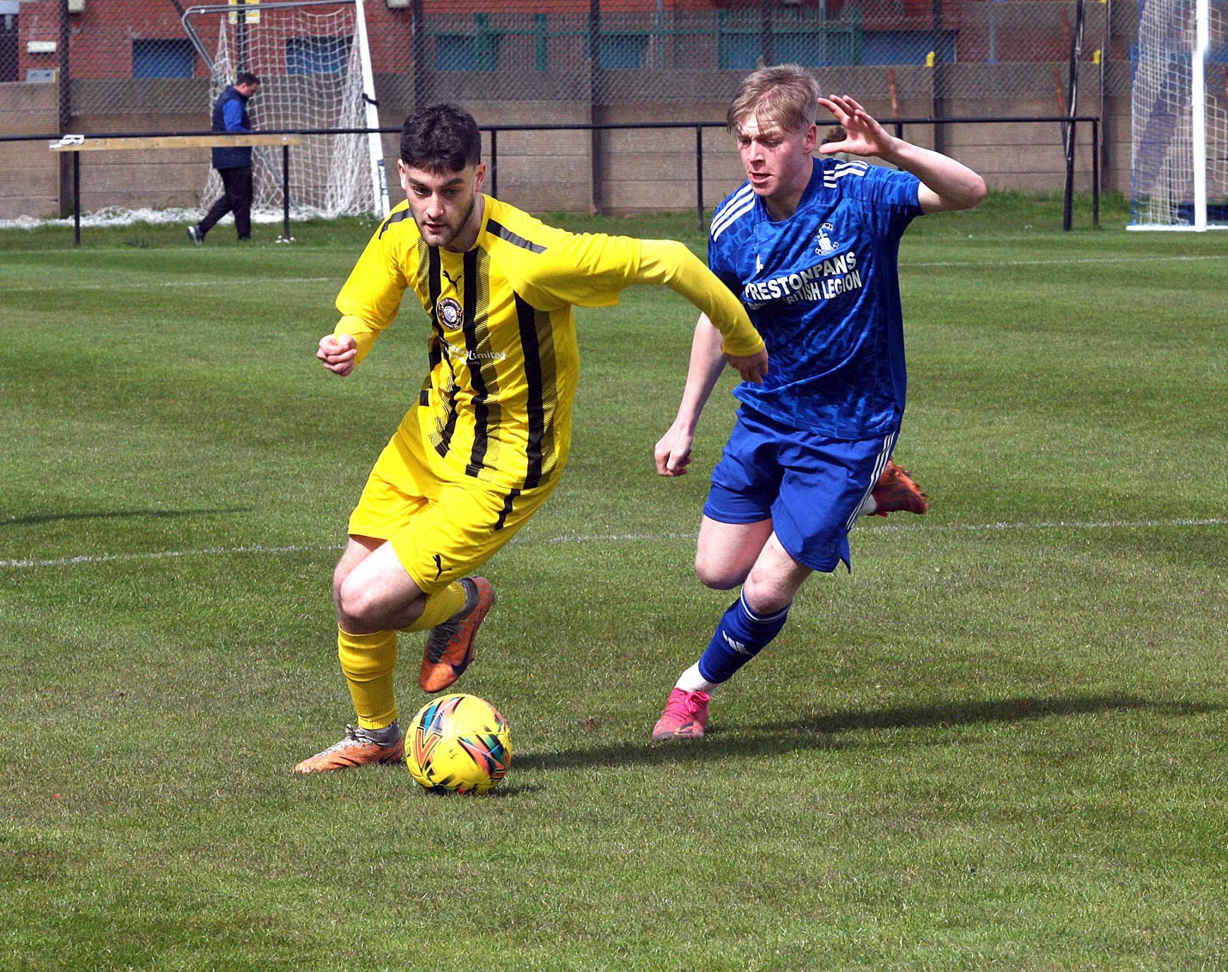 Preston Athletic (blue) picked up three valuable points against Oakley United last weekend