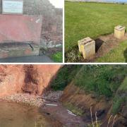 Two benches in Dunbar were vandalised, ripped off of their platforms and thrown over a nearby cliff edge. Images: Dunbar Community Council
