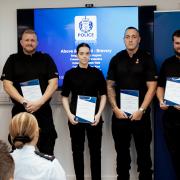 Pictured from left at the bravery awards are DCC Graham, Sergeant Hughes, Marissa Kerr, Gareth Watt and Geoff Valentine