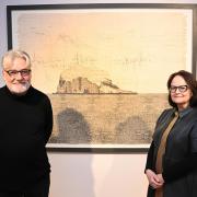 Scottish Landscape Awards (Scottish Arts Trust) winners are announced at the City Art Centre in Edinburgh - innaugral exhibition.  Pictured is David Moore and Kate Davis with their work Bass Rock (1st prize winners of The LAPECA Scottish Landscape Award)