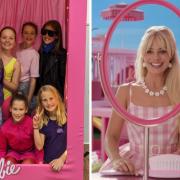 The Bass Rocketeers netball team inside the Barbie box. Right: Margot Robbie as the iconic character in the 2023 movie