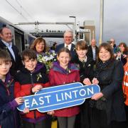 Primary school children welcomed the first train's arrival on the platform at East Linton new station - All images Gordon Bell