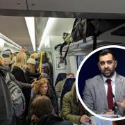 The 7.53am train from North Berwick to Edinburgh Waverley on Monday and Tuesday this week ran with just three carriages. Inset: First Minister Humza Yousaf