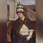 Pope Pius II depicted in a fresco, located in the Piccolomini library in Siena, painted by Pinturicchio c.?1507