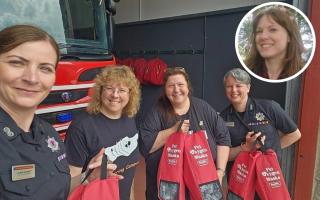 Lesley Winton and Holly Kilday from Fostering Compassion hand over the Smokey Paws kits to Karla Stevenson and Laura McHardy from the Scottish Fire and Rescue Service. Inset: Meghan Ambrozevich-Blair. Images: Contributed