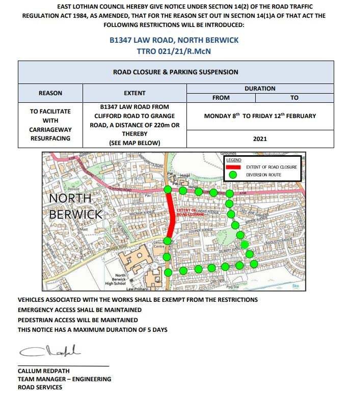 Pictured is the details of the road works, closures and diversions affecting Law Road and the surrounding streets