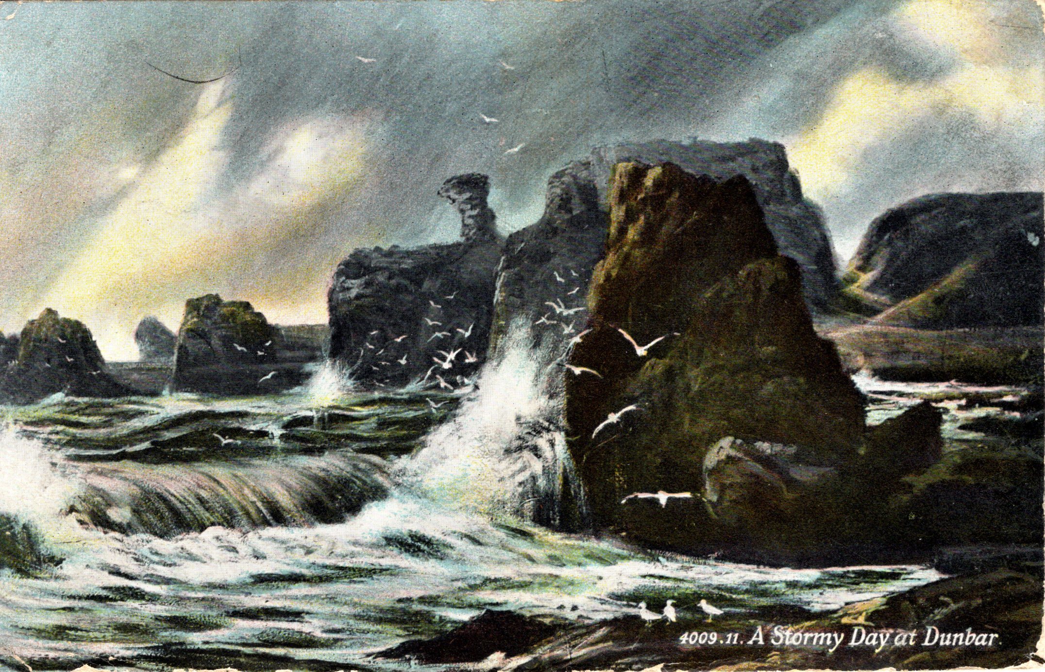 A stormy day at Dunbar, a postcard stamped and posted in 1910