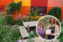 Elsewhere Garden at RHS Chelsea Flower Show 20923 for the Teapot Trust. Image: Andrea Jones. Inset: Nicola Semple and Susan Begg proudly display the Gold award