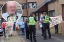 Residents protested outside Brian Johnstone's home in Musselburgh. Johnstone is pictured inset - we have obscured his face for legal reasons