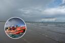 Dunbar RNLI (inset, image: Dunbar RNLI/Nick Mailer) were called out to Belhaven Bay (main image: Copyright Richard West and licensed for reuse under this Creative Commons Licence)