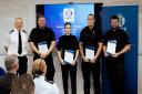 Pictured from left at the bravery awards are DCC Graham, Sergeant Hughes, Marissa Kerr, Gareth Watt and Geoff Valentine