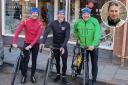 From left: James Fisher, Chris Lockett and Anthony Stodart are taking on a 1,600-mile cycle in support of Doddie Aid. Inset: Team-mate Mark Morriss, from Banchory