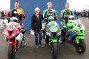 Margaret Hislop with the top three finishers in the Steve Hislop Memorial Trophy race, won by Gifford's Lewis Rollo. Images Sylvia Beaumont