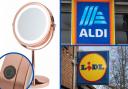 Photo, top left, shows Aldi's Specialbuy Visage LED-light up mirror, credit: Aldi. Pictured on the right side, PA photos show Aldi and Lidl.