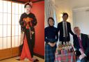 Tommy (right) and his Japanese business partners at the British embassy in Tokyo. Left: Maiko with a product from ENSC