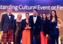 From left to right: Presenter Gary Innes with Debbie Shinton, Jackie Shuttleworth and Rory Steel from Fringe by the Sea with Marie Christie – Head of Events Industry Development, VisitScotland and presenter Jennifer Reoch