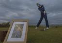 Tara Carrick beside an image of mum Claire, who lost her life to MND last year
