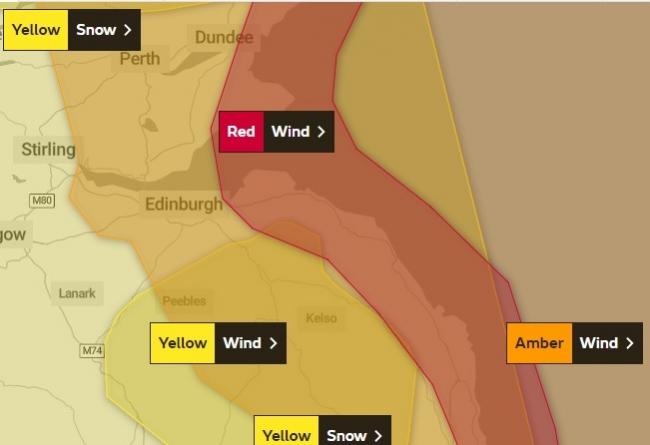 The Met Office has issued a rare red 'take action' warning - the most serious - for East Lothian due to high winds from Storm Arwen