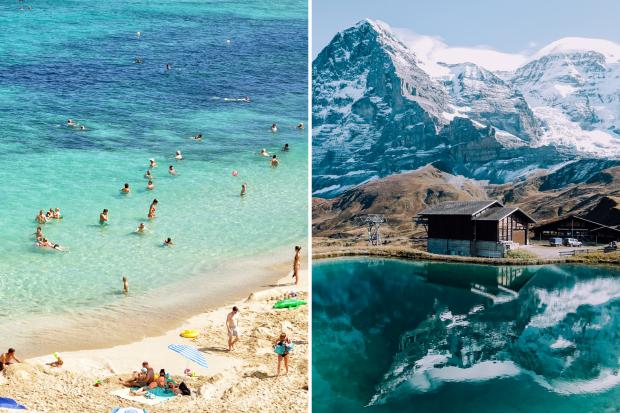 East Lothian Courier: (left to right) People playing in the sea and on the beach. Snowy mountains in Switzerland. Credit: Canva