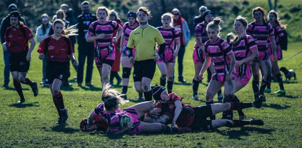 East Lothian Courier: East Lothian Girls (pink and blue) are through to the final of the Under-16 Girls’ National Cup at BT Murrayfield