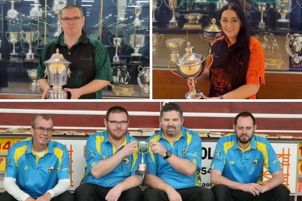 Champions were crowned at East Lothian Indoor Bowling Club. Clockwise, from top left: Stuart Thomson, Dee Hoggan and Dave Carswell, Stuart Thomson, Paul Conway and Colin Simpson
