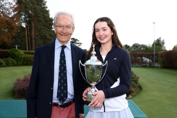 East Lothian Courier: John Uzielli presents The R&A Girls’ U16 Amateur Championship trophy to Grace Crawford at Enville. Picture: The R&A