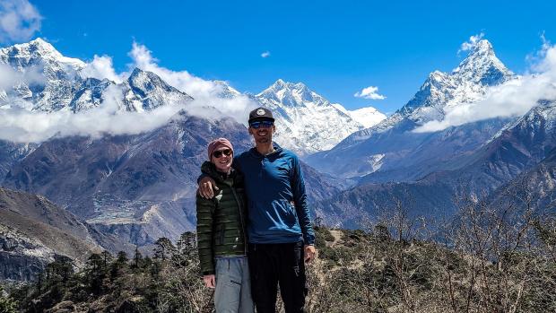East Lothian Courier: Jodie Harvey and her partner Jamie Ramday at the Everest viewpoint at the start of their 130 kilometre trek through the Himalayas to help a friend with multiple sclerosis