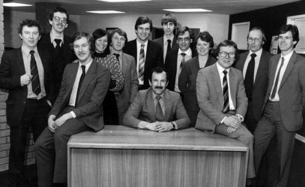 East Lothian Courier: Tom Flockhart (seated, centre) with his team shortly after the launch of Capital Copiers in Edinburgh in 1979