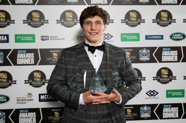 GLASGOW, SCOTLAND - MAY 24: Rory Darge holds his three awards during a Glasgow Warriors Award Dinner at the Hilton, on May 24, 2022, in Glasgow, Scotland. (Photo by Craig Williamson / SNS Group)