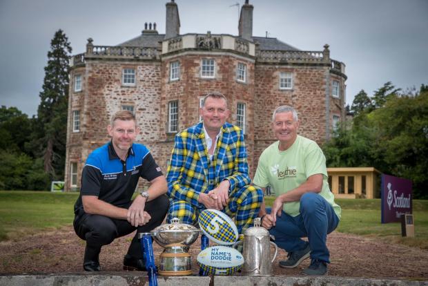 East Lothian Courier: Scottish golfer Stephen Gallacher; Doddie Weir, the former Scotland and British and Irish Lions lock forward who has motor neurone disease; and Leuchie House patron, Gavin Hastings, got together at Leuchie House in 2018 for the announcement that My