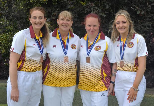 East Lothian Courier: The Aberlady four of Kate Cowan, Moira Buchannan, Amanda Robertson and Melissa Penman returned home from the national championships with a bronze medal. Picture: Derek McCabe Photoshop/Bowls Scotland