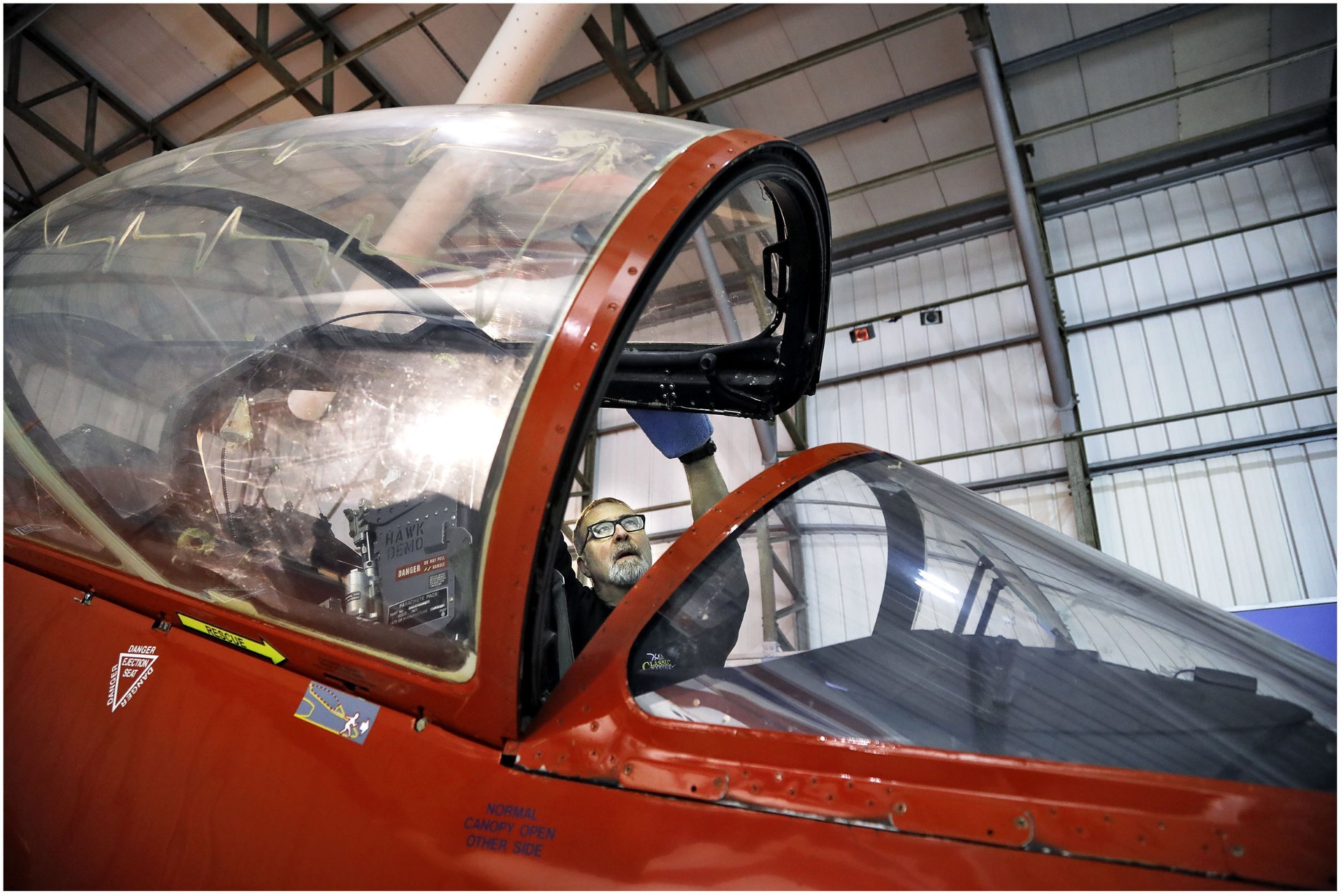 Principal Conservator, Stuart McDonald prepares a 1980 Red Arrows Hawk T.1A for the new visitor season at the National Museum of Flight, East Lothian. This year marks 25 years since the aircraft flew in Red 1 position over Edinburgh to mark the opening