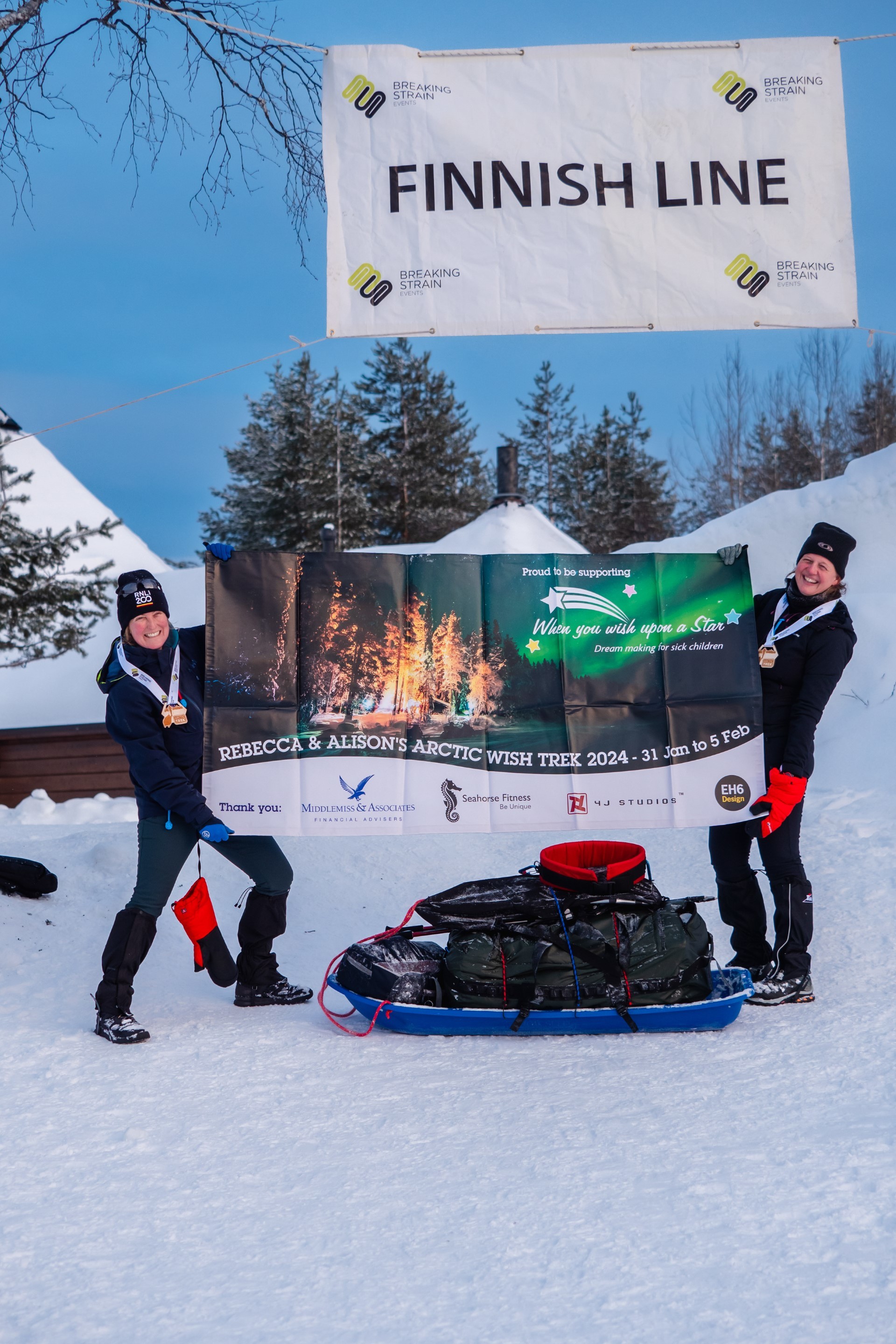 Becs Miller (left) and Alison Wilson covered more than 60 kilometres to reach their Finnish Line. Image: Roll Outdoors