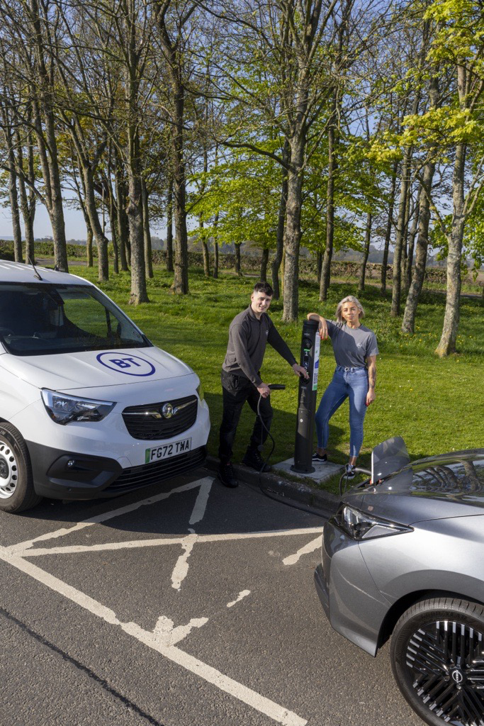 A new charging point - the first of its kind - has been unveiled in Haddington. Pictured are Andrew Gibbons and Kirsty McDonald who are both BT Group Network Engineers. Image: Jeff Holmes and BT Group