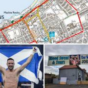 Josh Taylor is embarking on a victory tour around Prestonpans tomorrow (Sunday) here is all you need to know. Pictured is the map of the route (top), Josh Yaylor (bottom left) and one of the banners around Prestonpans following his historic victory