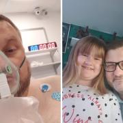 Johnnie during his stay at hospital and (above right) with his youngest daughter Maia