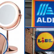 Photo, top left, shows Aldi's Specialbuy Visage LED-light up mirror, credit: Aldi. Pictured on the right side, PA photos show Aldi and Lidl.