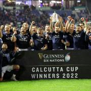 Scotland players celebrate with the Calcutta Cup after their last Six Nations match at BT Murrayfield against England. Picture: PA