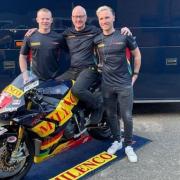 Lewis Rollo (left) is looking forward to another season in the National Superstock category. He is pictured with team-mate Davey Todd and team boss Clive Padgett