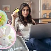 (Background) A woman shopping online. (Circles) Easter eggs and an Easter Bunny (Canva)