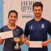 Basia Grodynska retained her women's singles title at the East of Scotland Badminton Championship. She is pictured alongside Callum Crangle, one half of the successful men's doubles pair