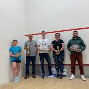 Finals due to be played last year having finally be contested on the squash court. From left: Phoebe Hamilton, Graeme Murray, Dylan Pearman, Julie Pearman and Josh Bain