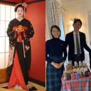 Tommy (right) and his Japanese business partners at the British embassy in Tokyo. Left: Maiko with a product from ENSC
