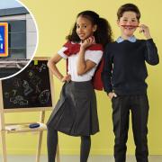 Aldi's school uniform bundle includes  two polo shirts, one sweatshirt and a choice of trousers or a pleated skirt