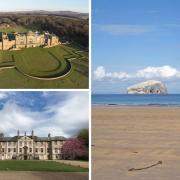 Gosford House (top left), Newhailes House (bottom left, image: National Trust for Scotland) and Seacliff Beach (right, image: Copyright Adam Ward and licensed for reuse under this Creative Commons Licence) feature in The Buccaneers