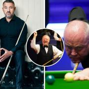Stephen Hendry (left) and John Higgins (right, image: Mike Egerton/PA Wire) will face off, refereed by Dennis Taylor (inset, image: PA Wire)