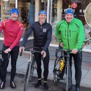 From left: James Fisher, Chris Lockett and Anthony Stodart are taking on a 1,600-mile cycle in support of Doddie Aid. Inset: Team-mate Mark Morriss, from Banchory
