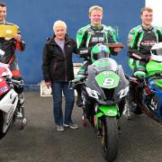 Margaret Hislop with the top three finishers in the Steve Hislop Memorial Trophy race, won by Gifford's Lewis Rollo. Images Sylvia Beaumont