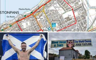 Josh Taylor is embarking on a victory tour around Prestonpans tomorrow (Sunday) here is all you need to know. Pictured is the map of the route (top), Josh Yaylor (bottom left) and one of the banners around Prestonpans following his historic victory